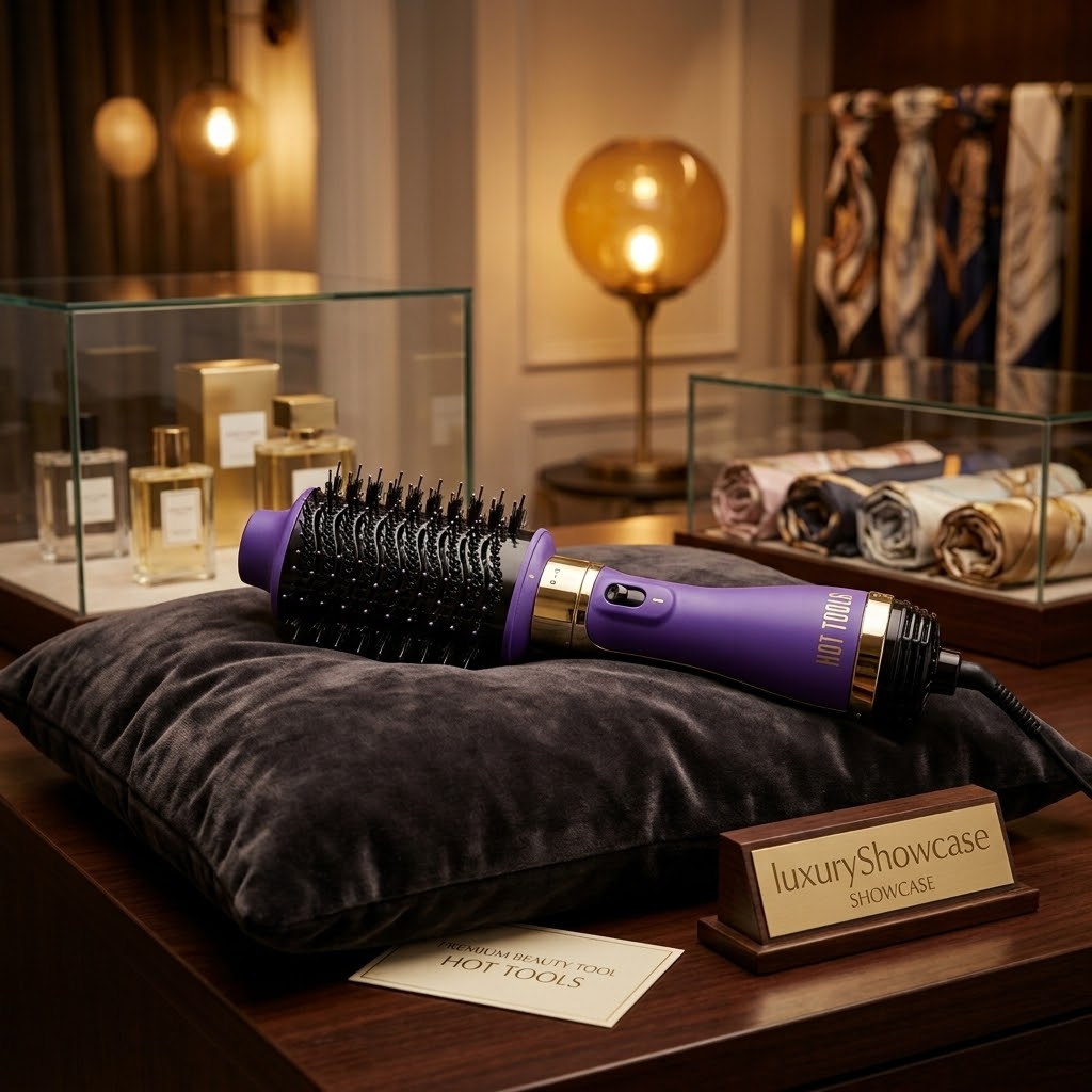 Hot Tools brush displayed on velvet in a luxury boutique