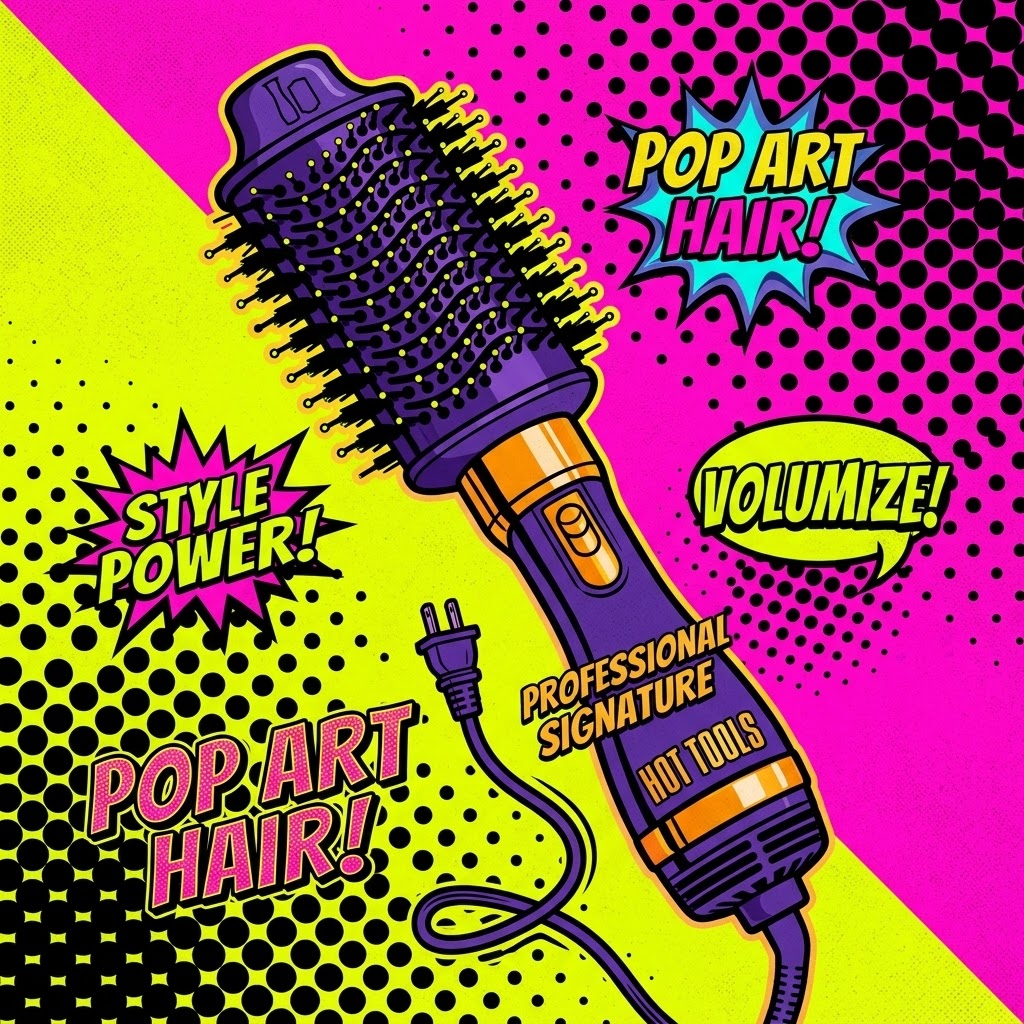 Vibrant pop art illustration of the purple styling brush