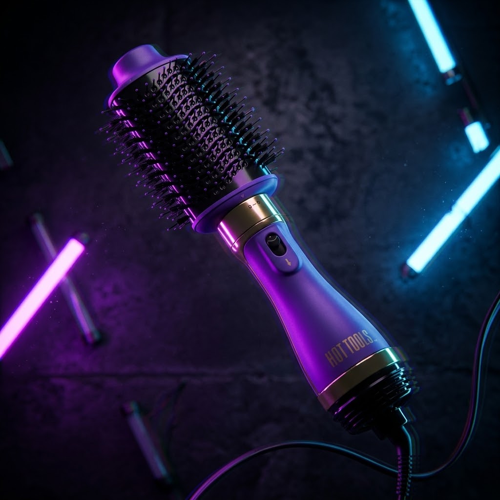 Purple brush lit by blue and magenta neon lights