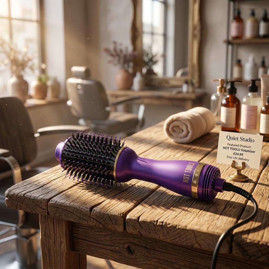 Purple styling brush on a sunlit wooden salon table